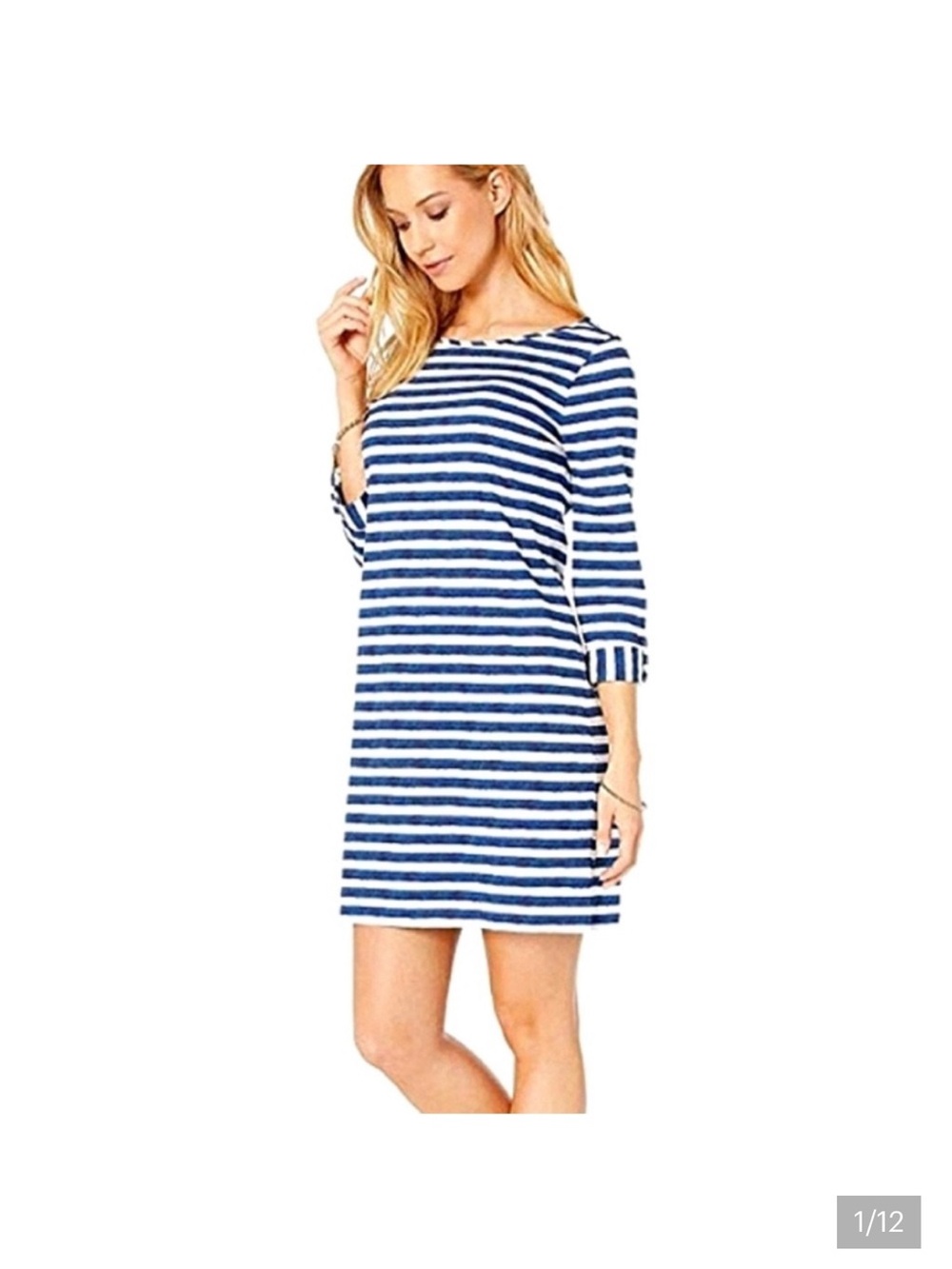 Lilly Pulitzer Marlowe Blue/White Striped Long Sleeve T-Shirt Dress L